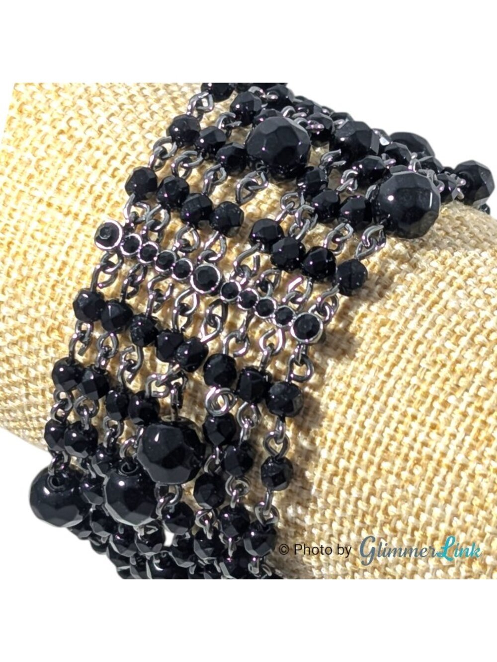 Vintage Black Beaded Bracelet Gunmetal Rhinestone Multi Strand